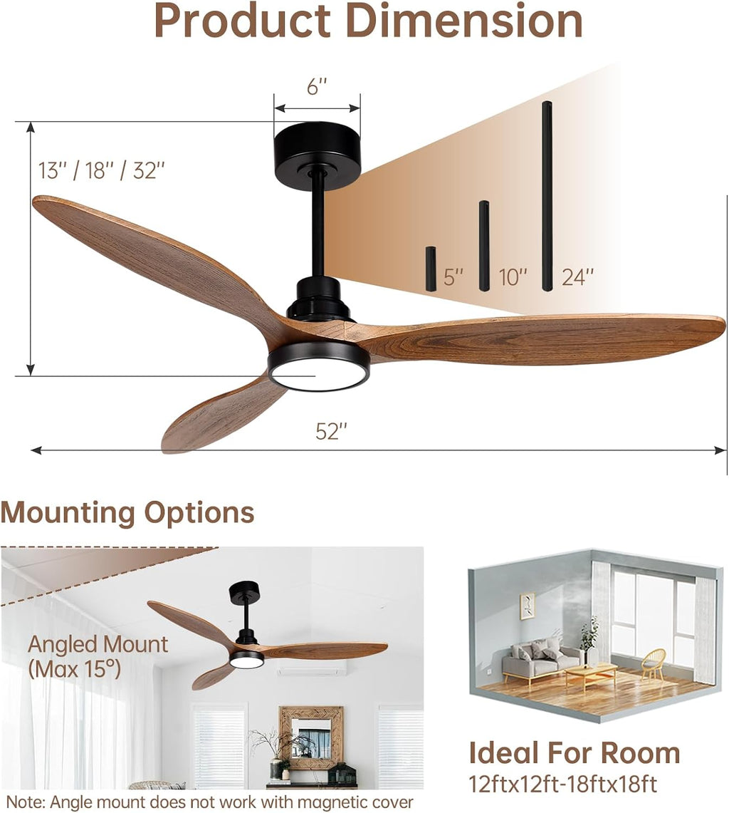 Ovlaim 52 Inch Wood Ceiling Fan with Light Remote Control, Quiet DC Motor, 3 Blades Indoor Ceiling Fan for Bedroom Living Room, ETL Listed