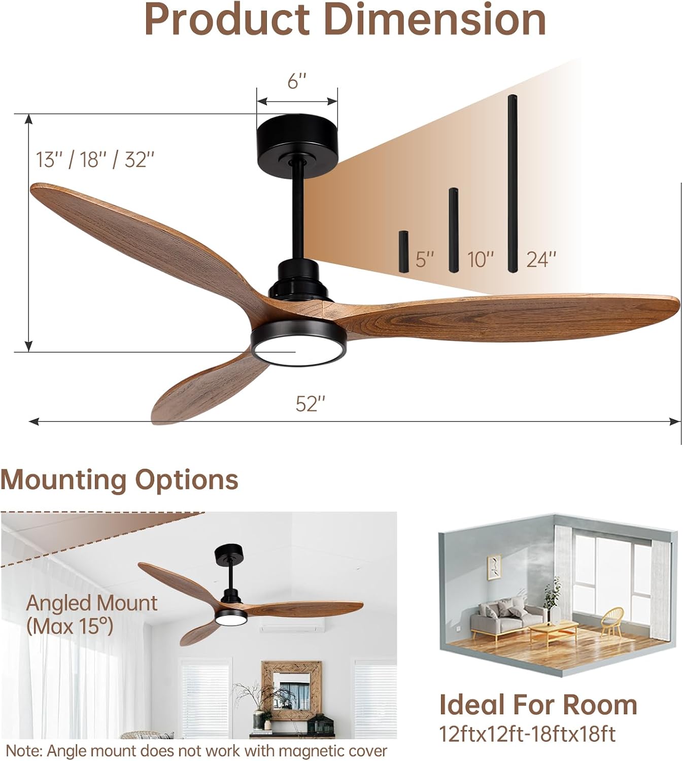 Ovlaim 52 Inch Wood Ceiling Fan with Light Remote Control, Quiet DC Motor, 3 Blades Indoor Ceiling Fan for Bedroom Living Room, ETL Listed