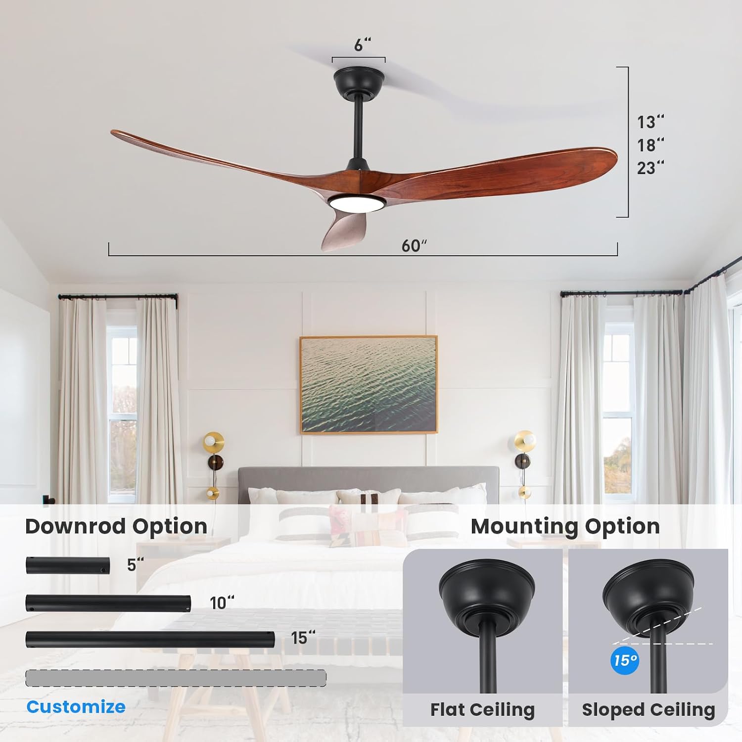 heimo 60 Inch Outdoor Ceiling Fan with Light and Remote, Wood Ceiling Fans with Lights Dimmable for Bedroom Living Dining Room Patios Garage Gazebo Farmhouse Big Dc Reversible Indoor Fan(Walnut)