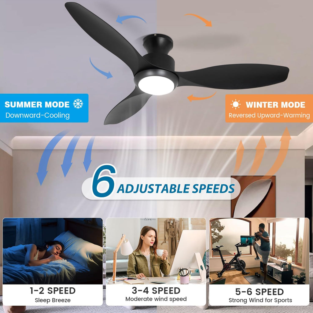 48' Ceiling Fan with Light and Remote, Black Flush Mount Ceiling Fan with 3 Blades,3 Color Dimmable Lights, 6 Speeds, Queit DC Motor, Memory Function, Indoor/Outdoor/Bedroom/Living Room/Patios, Black