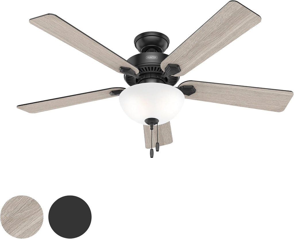 Hunter Fan 52 Inch Casual Matte Black Finish Indoor Ceiling Fan with LED Light Kit and Pull Chain (Renewed)