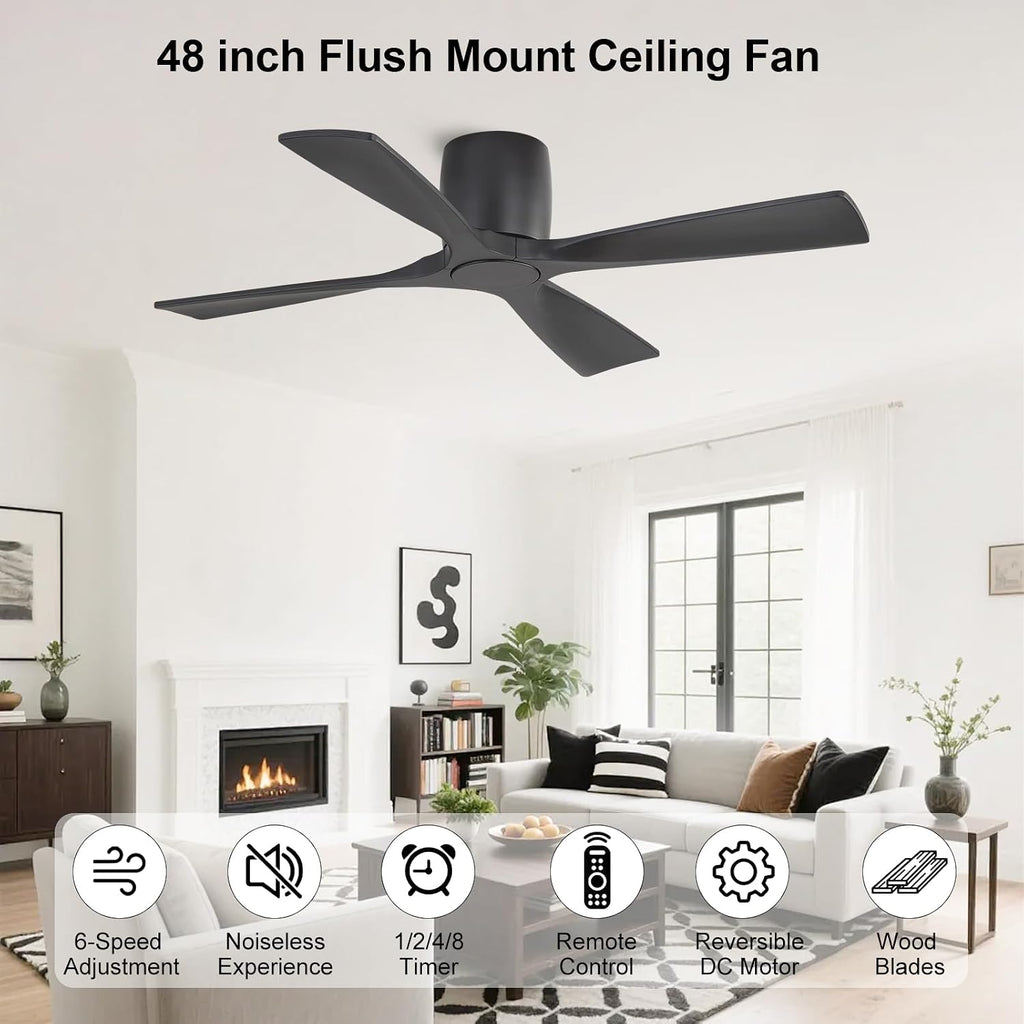 WINGBO 48 Inch Ceiling Fan Without Light,Solid Wood Flush Mount Ceiling Fan with Remote Control, Reversible DC Motor, 4 Blades, 6-Speed Quiet Performance, for Bedroom & Living Room, Black
