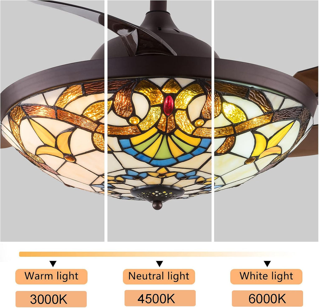 TFCFL 42 Inch Tiffany Style Invisible Ceiling Fan with Lights and Remote Control,Stained Glass Ceiling Fan Vintage Chandelier with Retractable Reverse Blades 6 Speeds 3 Light for Bedroom Living Room