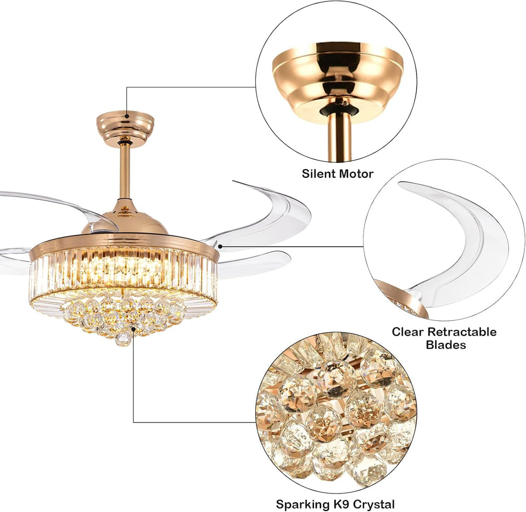 48 Inch Crystal Ceiling Fan with Light and Remote Modern Dimmable Fandelier Invisible Retractable Chandelier Fan Gold for Bedroom Living Room