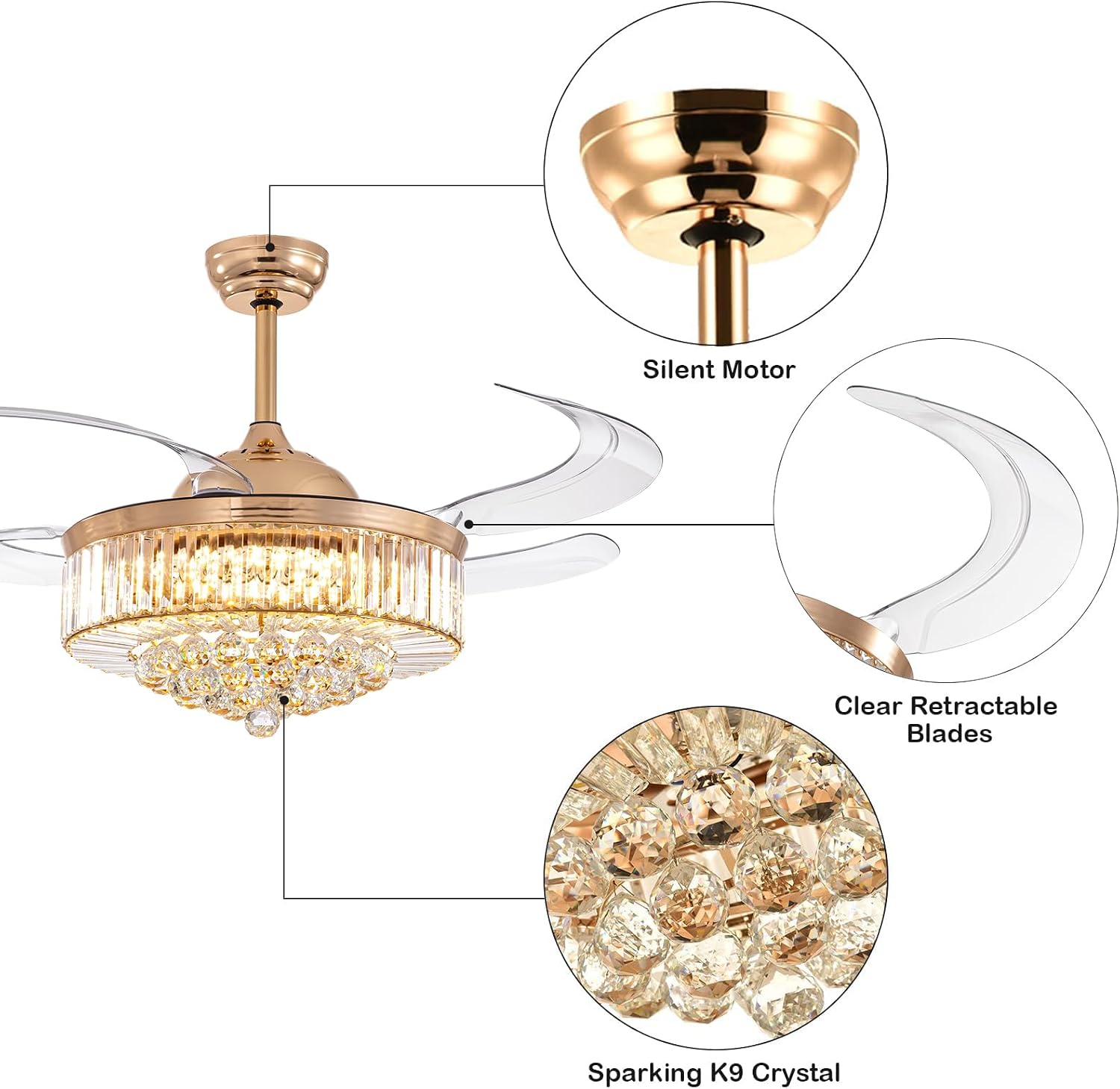 48 Inch Crystal Ceiling Fan with Light and Remote Modern Dimmable Fandelier Invisible Retractable Chandelier Fan Gold for Bedroom Living Room