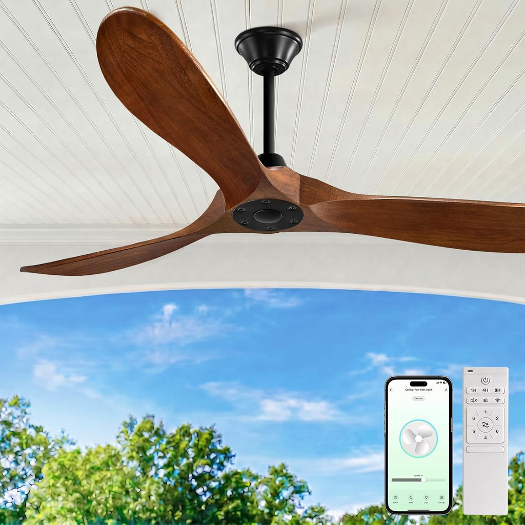 Outdoor Ceiling Fan No Light for Patios, 52 inch Ceiling Fans Without Lights with Smart App and Remote Control, Wet Rated 3 Blades Wood Propeller Modern Fan for Exterior Outside, High CFM, Walnut