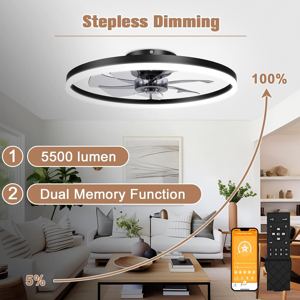 VOLISUN Low Profile Ceiling Fans with Light and Remote,No Assembly,23.6in Fandelier Ceiling Fan with Lights, 3000K-6500K Dimmable Flush Mount LED Fan Light, Black Bladeless Ceiling Fans for Bedroom