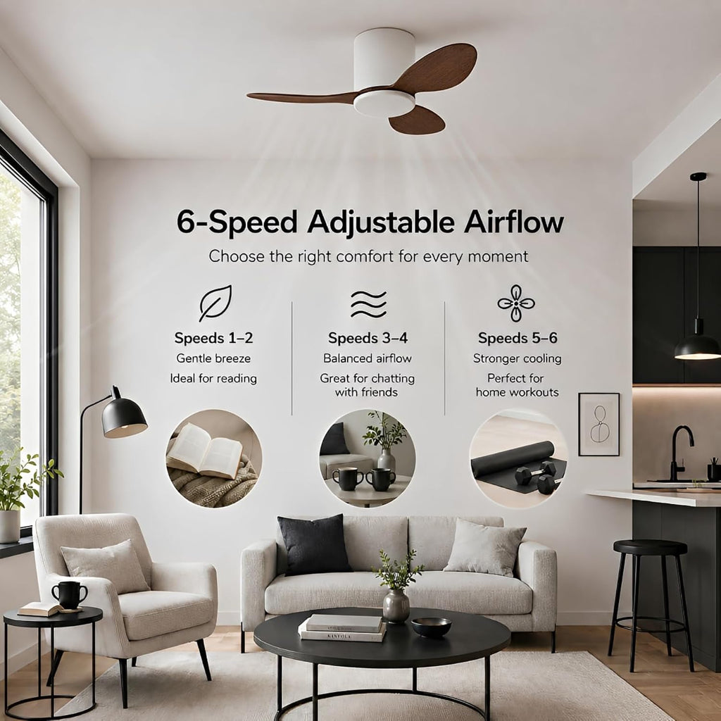 Flush Mount Ceiling Fan No Light Modern Small Ceiling Fans Remote Control 6 Speeds 25 Inch Ceiling Fan Without Lights Quiet DC Motor, 3 Blades For Restaurant Bedroom Patio Indoor