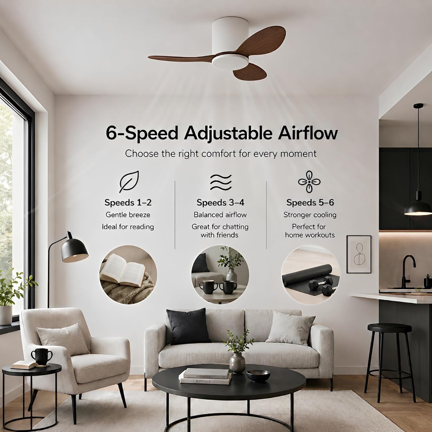 Flush Mount Ceiling Fan No Light Modern Small Ceiling Fans Remote Control 6 Speeds 25 Inch Ceiling Fan Without Lights Quiet DC Motor, 3 Blades For Restaurant Bedroom Patio Indoor