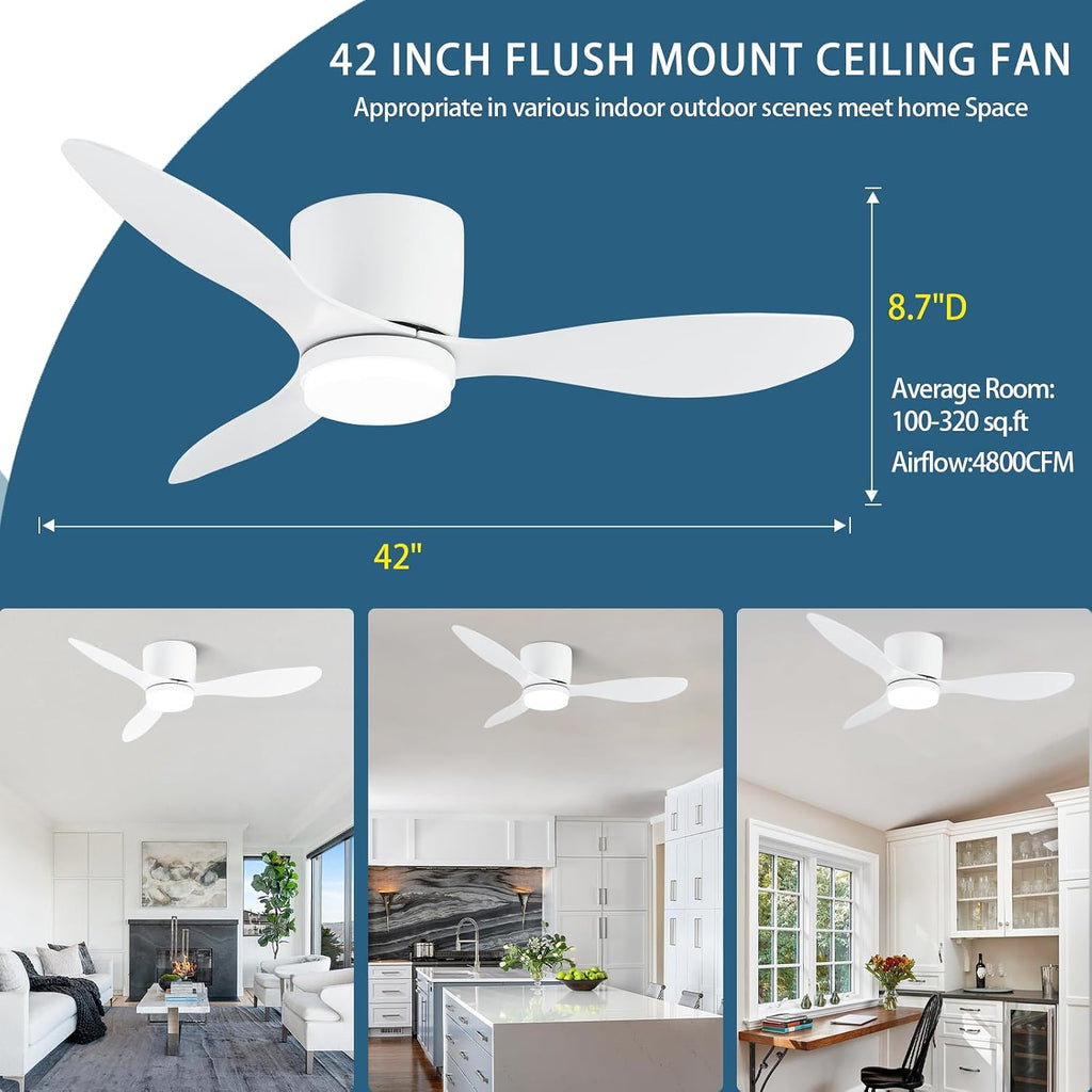 GESUM 42 Inch Ceiling Fans with Lights, Flush Mount Ceiling Fan with APP and Remote Control, Reversible, 6 Speeds, 3CCT Dimmable, White Ceiling Fan with Light for Living Room Bedroom (White)
