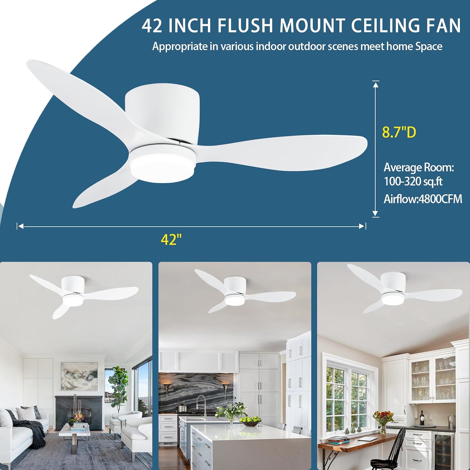GESUM 42 Inch Ceiling Fans with Lights, Flush Mount Ceiling Fan with APP and Remote Control, Reversible, 6 Speeds, 3CCT Dimmable, White Ceiling Fan with Light for Living Room Bedroom (White)