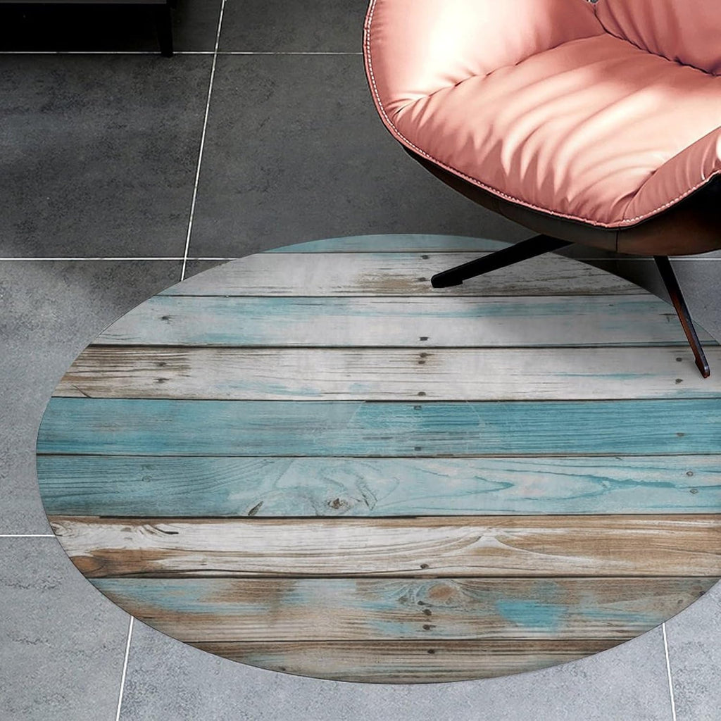 Vintage Beach Wood Old Blue Color Wooden Plank Coral Velvet Round Floor Mat Non-Slip Bath Rug Floor Covering for Bathroom Vanity Guest Suite & Vacation Home
