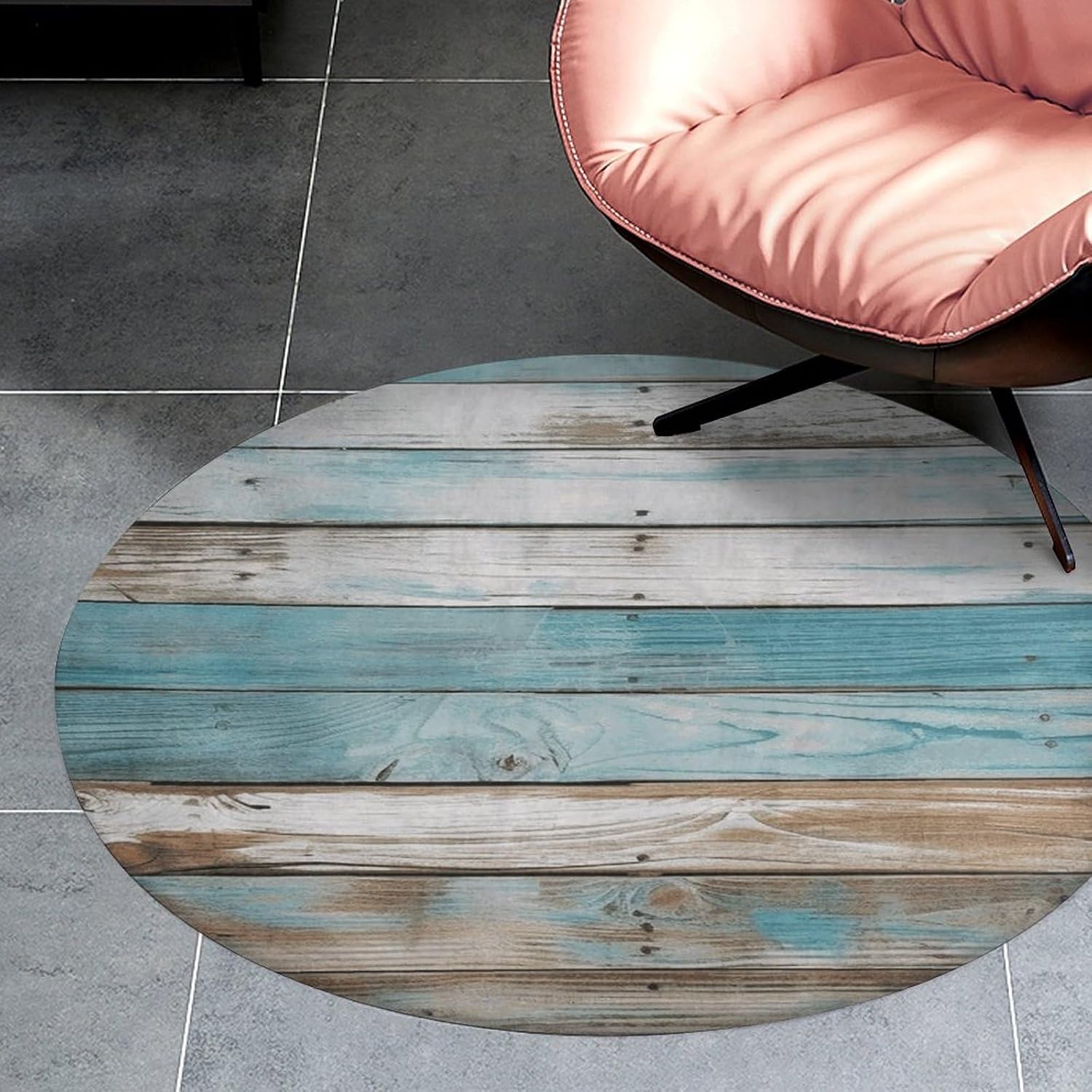 Vintage Beach Wood Old Blue Color Wooden Plank Coral Velvet Round Floor Mat Non-Slip Bath Rug Floor Covering for Bathroom Vanity Guest Suite & Vacation Home