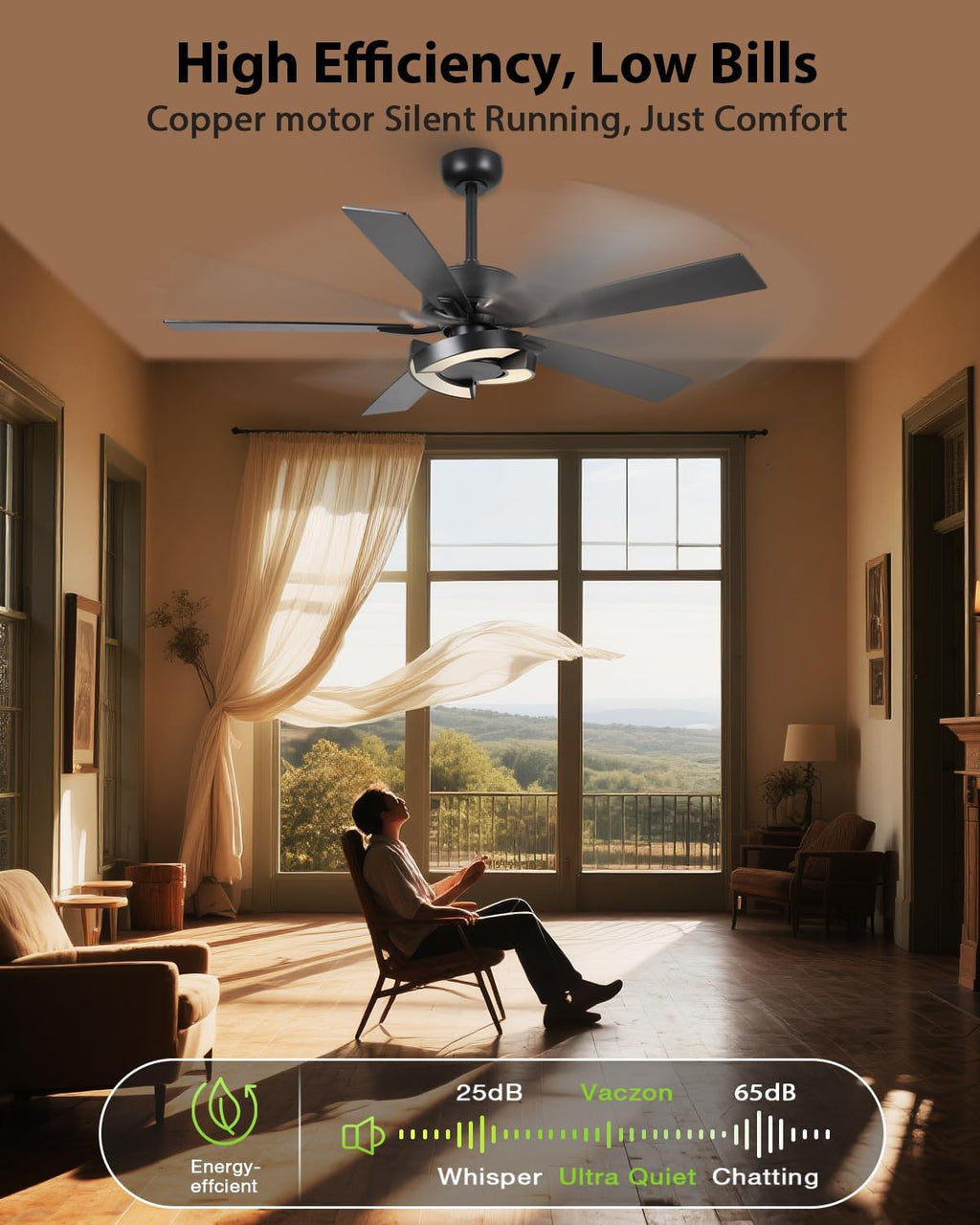 Ceiling Fans with Lights and Remote - Creative Black 52 inch Ceiling Fan with Light, 3CCT, 6 Speeds, Dual-Sided Reversible 5 Blades Indoor Outdoor Modern Chandelier Fan for Bedroom Living Room