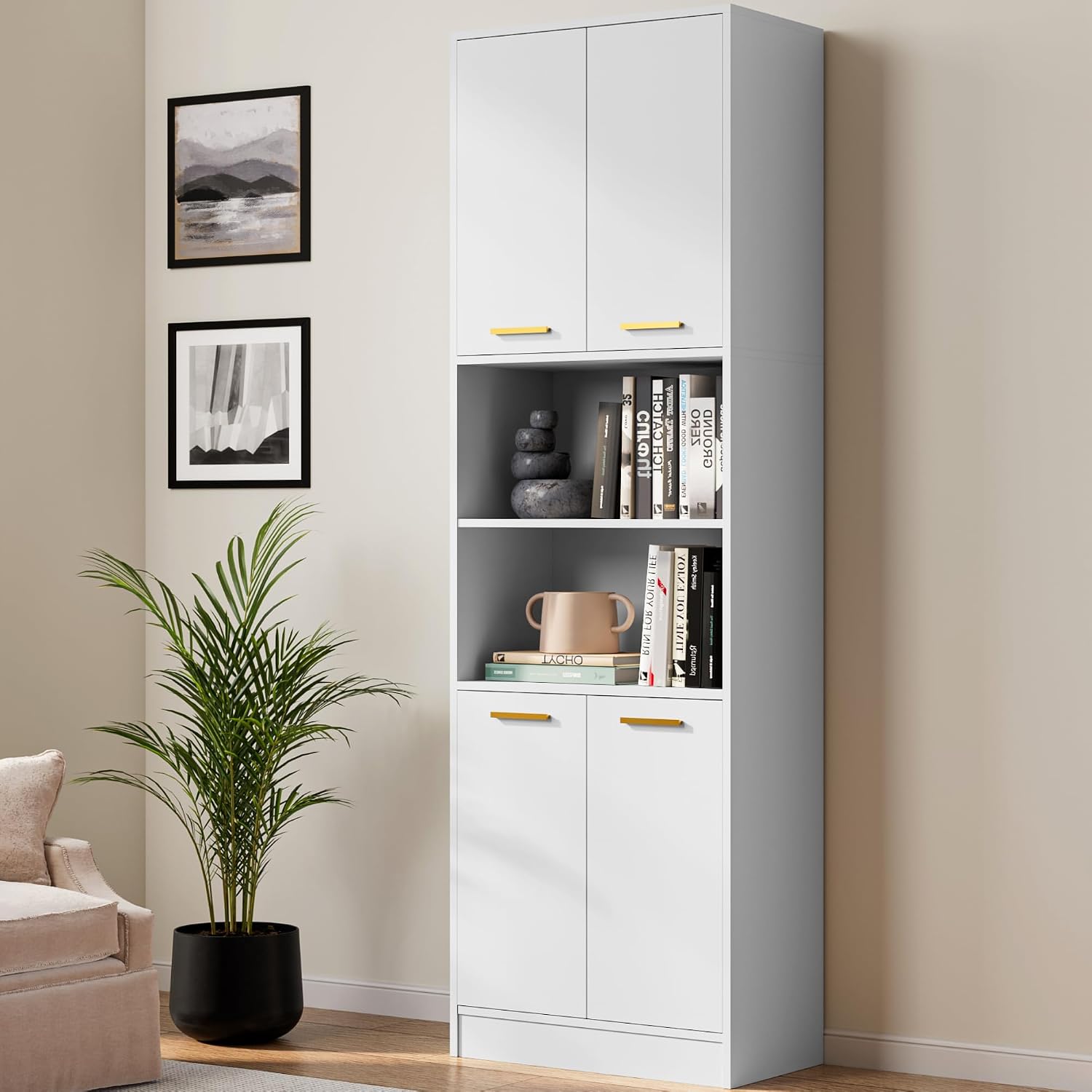 Cozy Castle Kitchen Pantry Cabinet, 75' Tall Wood Storage Cabinet with Doors and Shelves, 4 Doors Open Countertop Utility Hutch Cupboard for Dining Room Living Room Bathroom Furniture, White