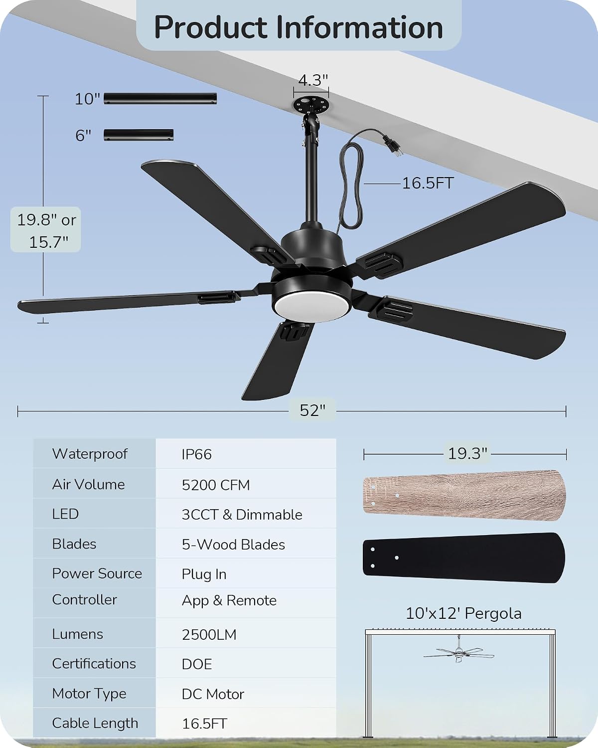 EDISHINE 52' Outdoor Ceiling Fan with Light, IP66 Waterproof Gazebo Hanging Fan, 5200 CFM, 3CCT, APP/Remote Control, 5 Wood Blade, 6-Speed Winds, Plug in Ceiling Fans for Patios Porch Pergola, Black