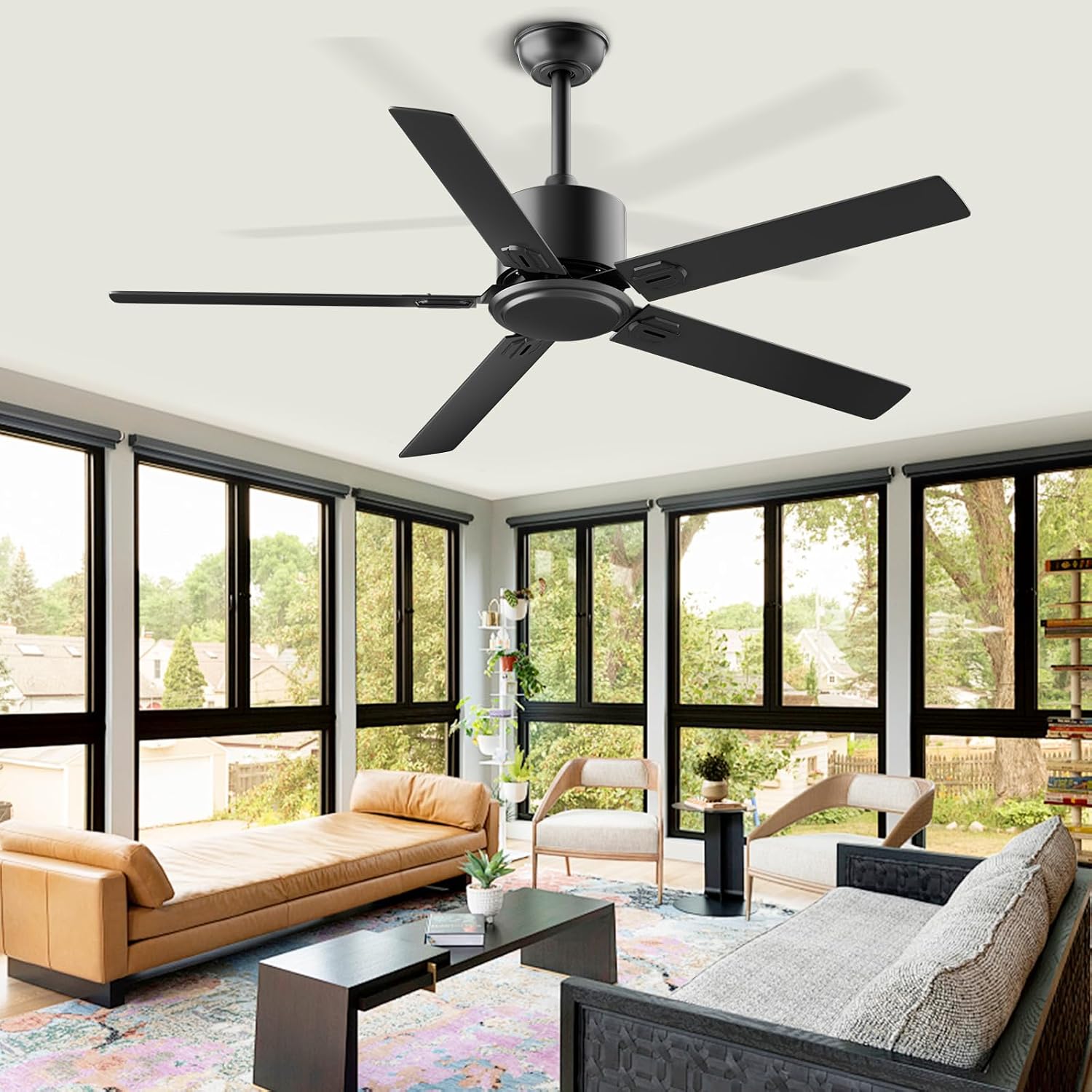 Obabala Outdoor Ceiling Fan No Light, 60 Inch Black Modern Ceiling Fan Without Light, Dual Finish 5 Blades,6 Speed, Reversible Quiet DC Motor for Patios, Garage, Bedroom, Porch