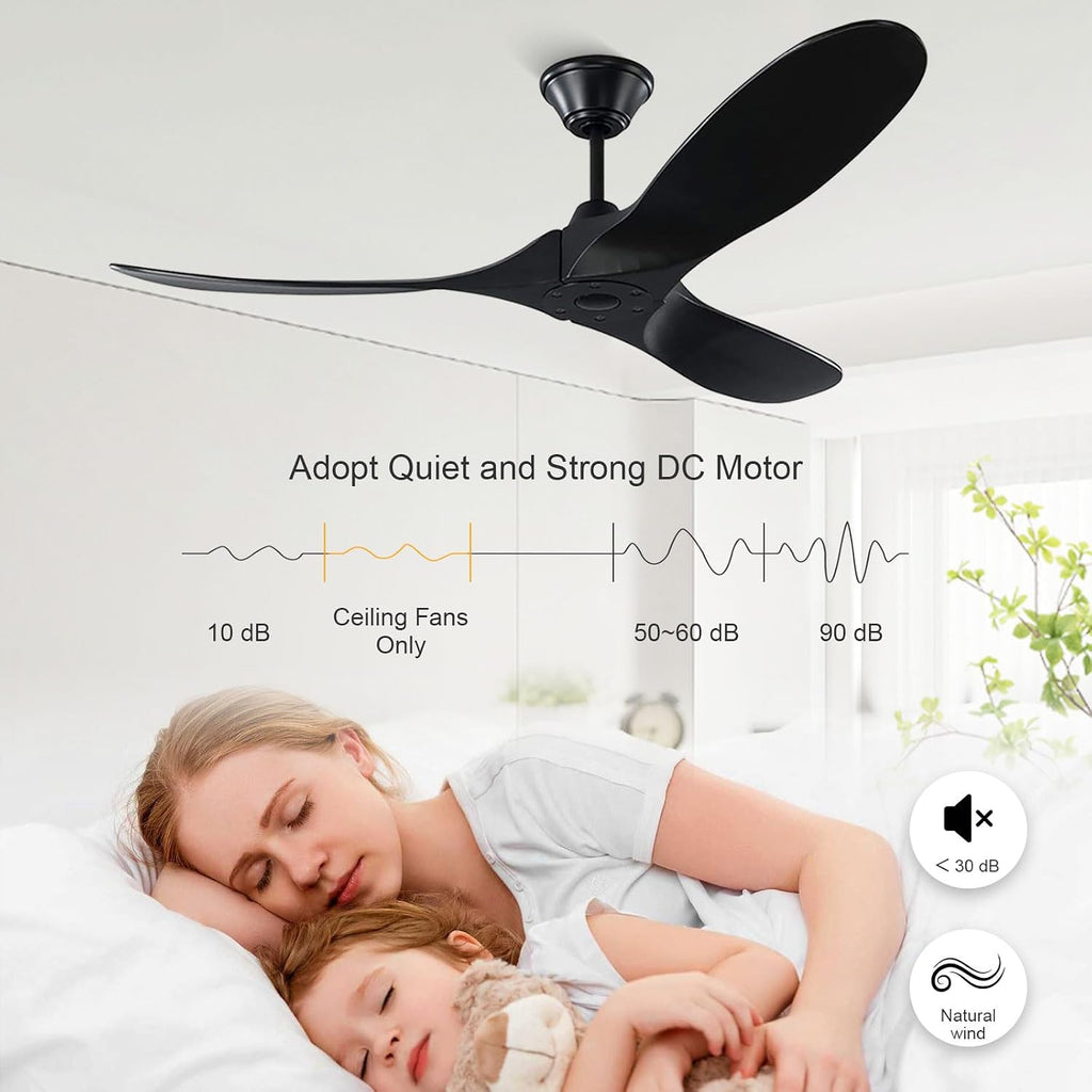 52 Inch Black Outdoor Ceiling Fans without Lights, Modern 3 Blade Wood Ceiling Fan with Remote, Indoor Outdoor Ceiling Fan for Patios Bedroom Commercial,3 Down Rods