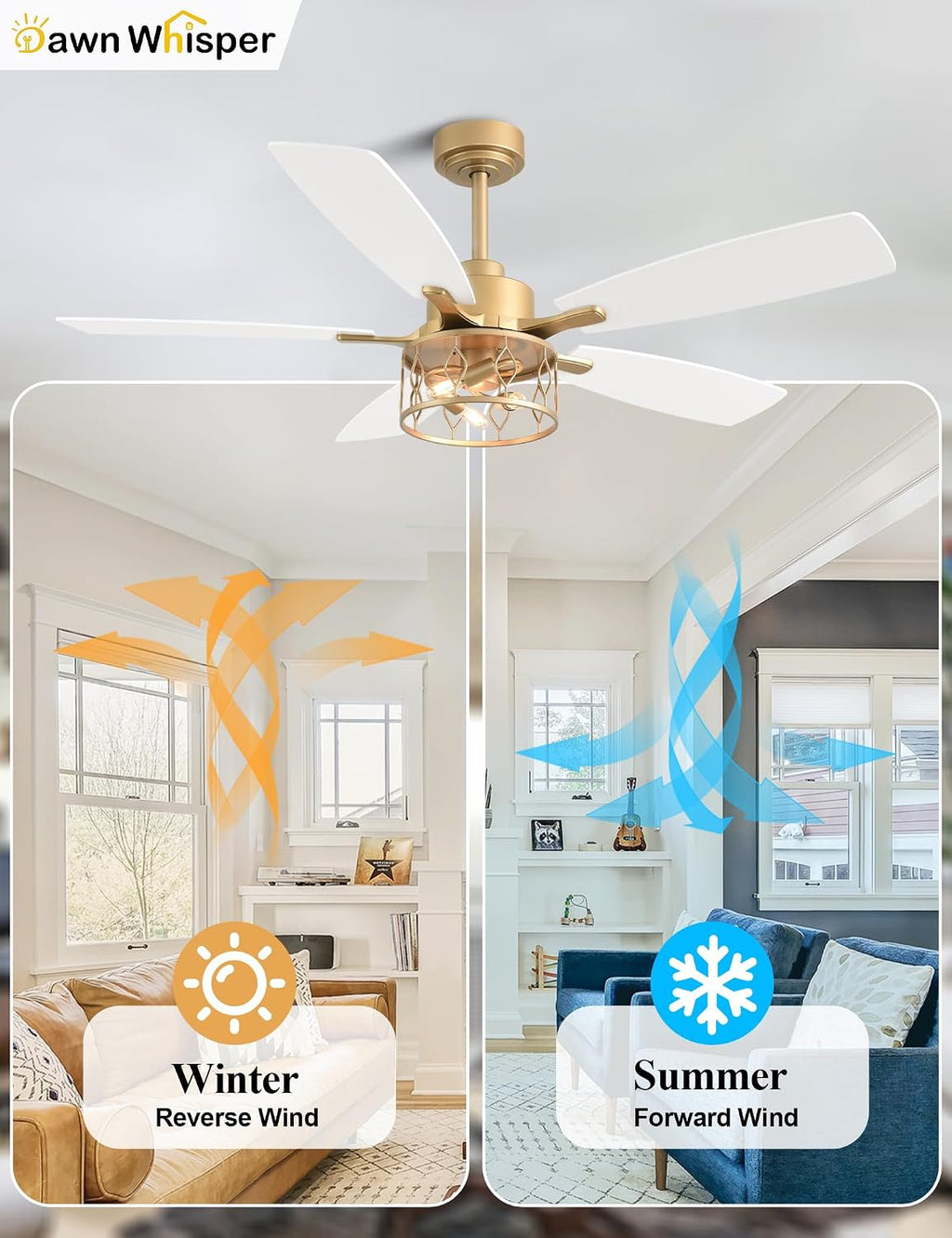 Dawn Whisper 52 Inch Modern Farmhouse Ceiling Fans with Lights White and Gold Industrial Rustic Caged Ceiling Fan for Bedroom Living Room Quiet and Reversible DC Motor