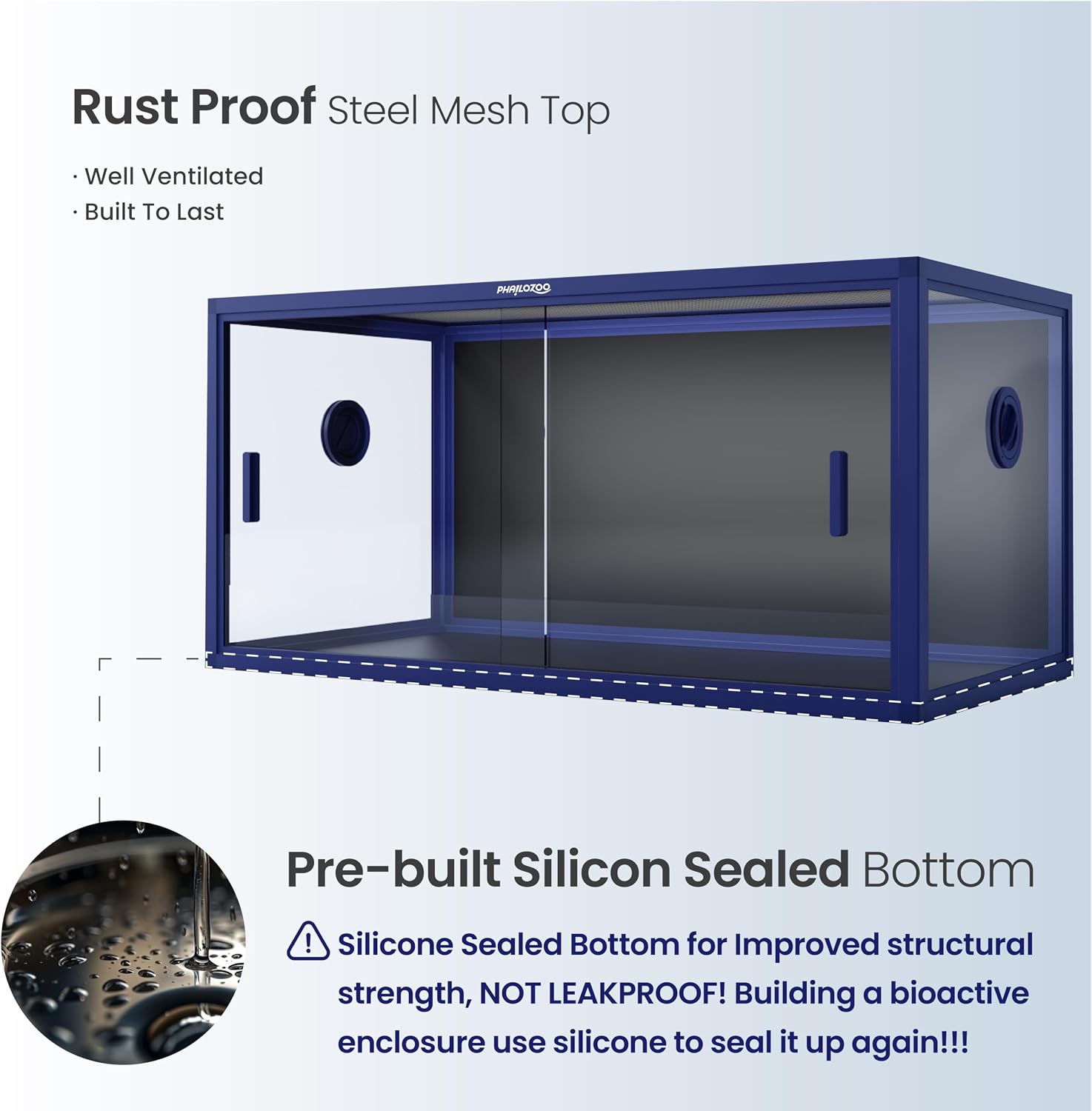 Phailozoo 50 Gallon Reptile Enclosure, Colorful Aluminum Frames Reptile Tank Assemble Within 6 Steps, Rust Proof Mesh Top for Air Circulation & Light Penetration, Dual Grommets for Multiple Wire Use