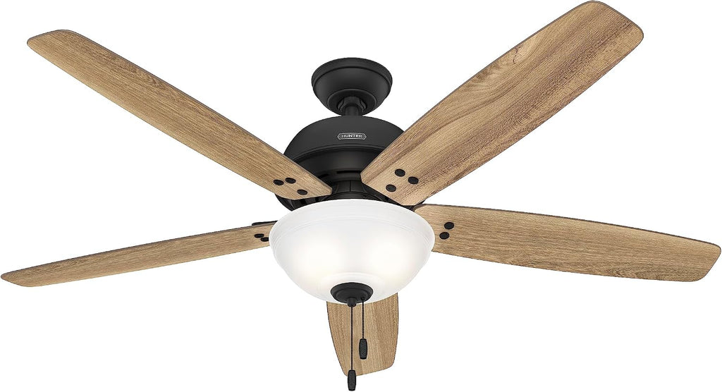 Hunter 60 inch Indoor Ceiling Fan with LED Light - Black Ceiling Fan with Pull Chain, for Bedroom or Living Room, Standard Mount, No Remote, 5 Blades, Includes Bulbs - Reveille 52400, Matte Black
