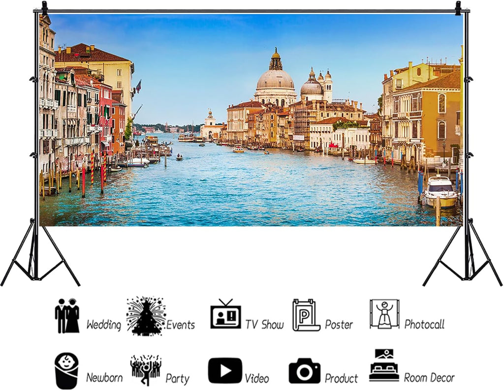 Renaiss 20x10ft Venice Town Backdrop Italy Clear Blue Sky Rivers Water City Scenery Photography Background Historical Buildings Wallpaper Italian Themed Party Decors Holiday Travel Photo Booth Props