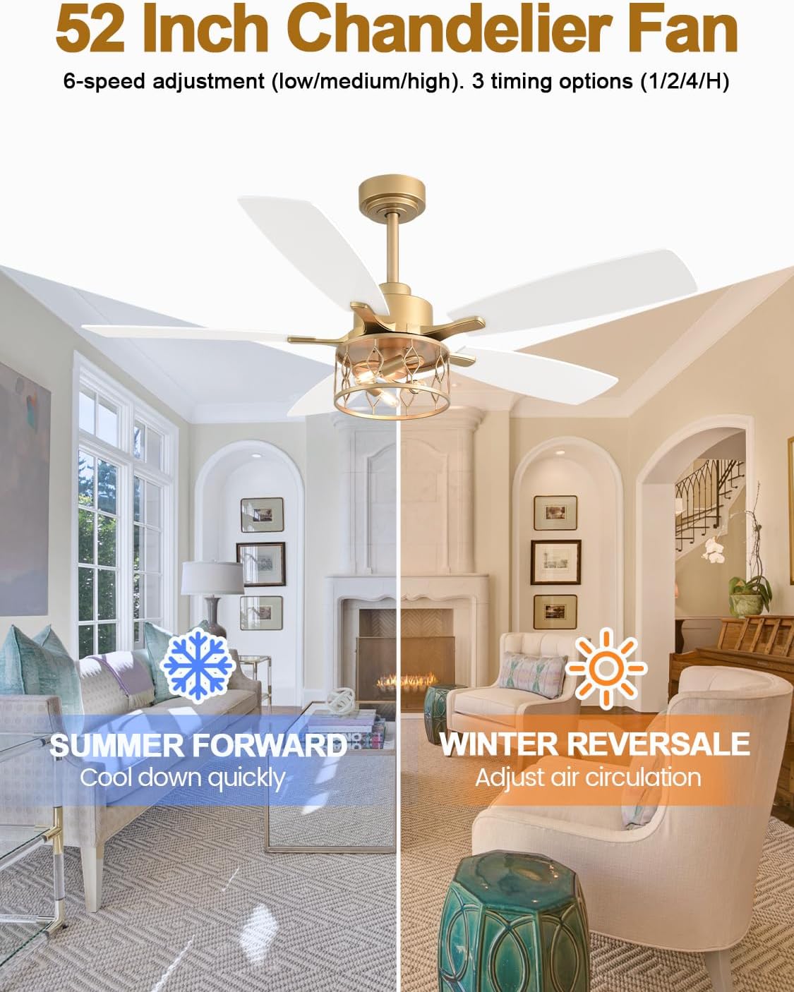 52 Inch Modern Ceiling Fan with Light White and Gold Ceiling Fan Quiet and Reversible DC Motor Chandelier Fan for Living Room Bedroom Patio