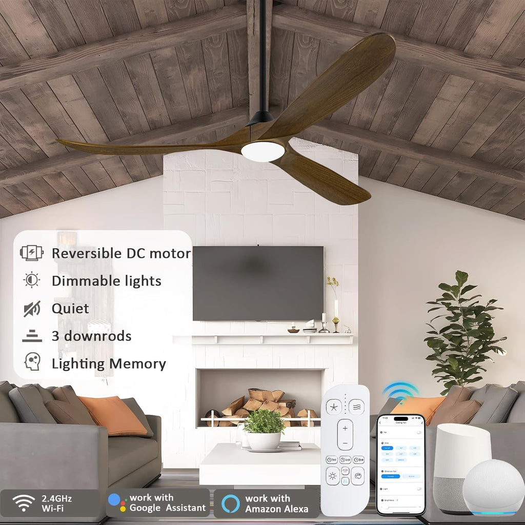 60 Inch Wood Ceiling Fan with Light, Outdoor Farmhouse Rustic Ceiling Fans for Patios Remote/App/Alexa Control, 3 Blades Large Airflow Propeller Dc Ceiling Fans for Indoor Outside
