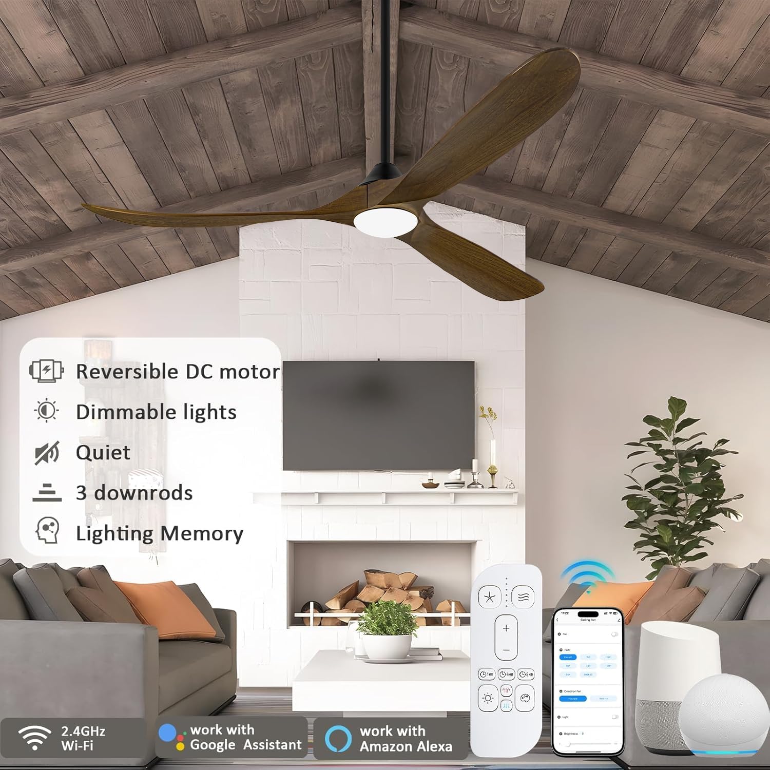 60 Inch Wood Ceiling Fan with Light, Outdoor Farmhouse Rustic Ceiling Fans for Patios Remote/App/Alexa Control, 3 Blades Large Airflow Propeller Dc Ceiling Fans for Indoor Outside