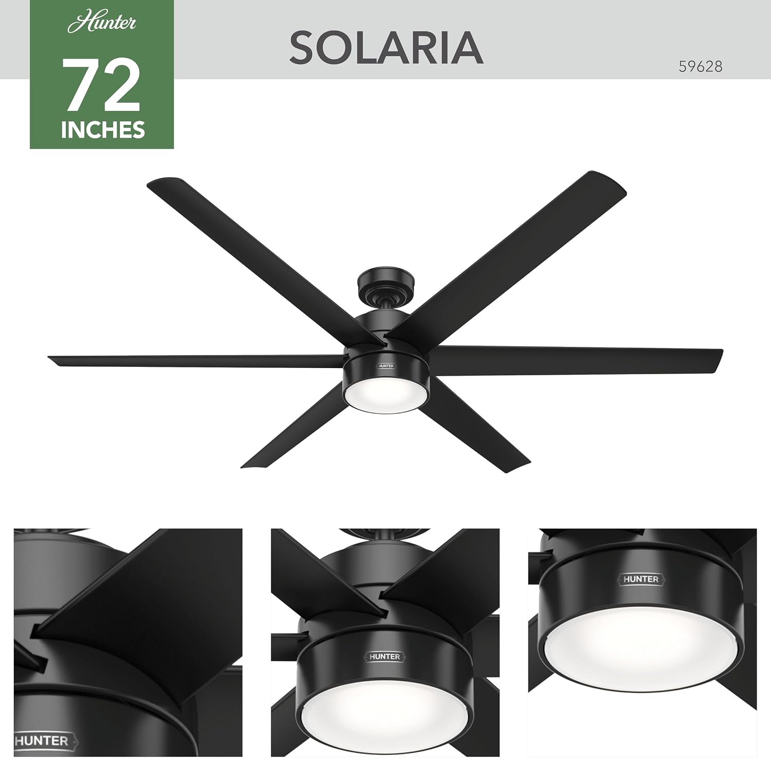 Hunter 72 inch Outdoor or Indoor Ceiling Fan with LED Light - Black Ceiling Fan with Wall Control, For Patio, Garage, or Porch, Quiet, Standard Mount, 6 Blades - Solaria 59628, Matte Black