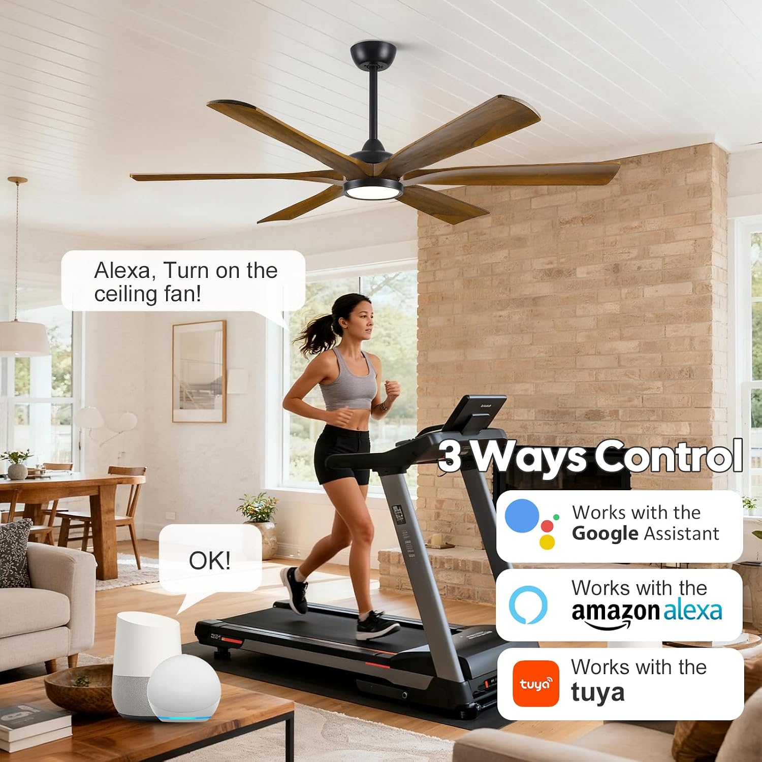 60 Inch Outdoor Ceiling Fan with Light, Smart Modern Farmhouse Ceiling Fan, Remote/Alexa/APP Control, 6 Brown Wood Blade, Damp Rated for Patio Indoor Exterior Use, High CFM Quiet Reversible DC Motor