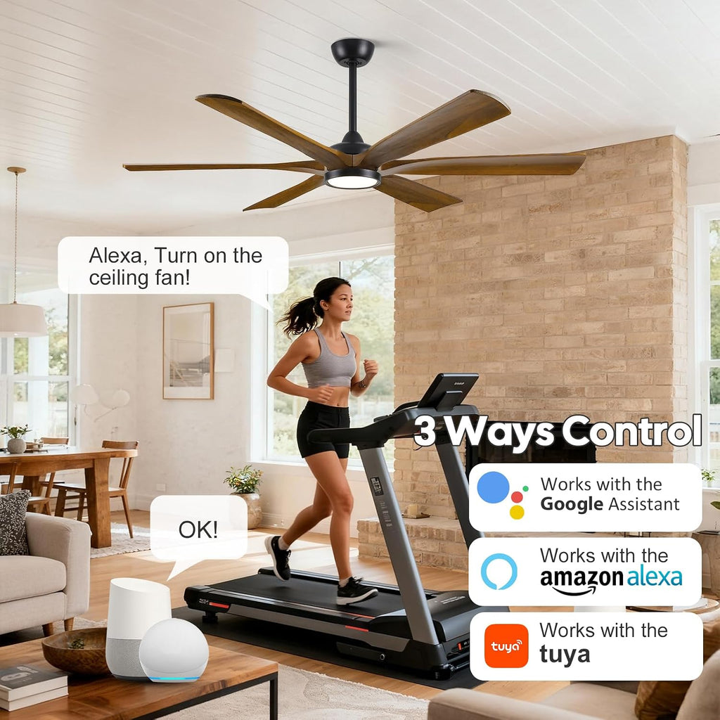 72 Inch Outdoor Ceiling Fan with Light for Patio, Smart Alexa/APP/Remote Control, 6 Brown Wood Blades Damp Rated, Large Airflow Quiet Reversible DC Motor, for Indoor Covered Exterior Farmhouse Bedroom