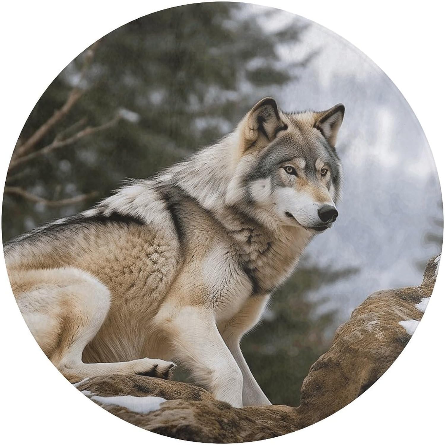 Snow Mountain Wild Wolf Coral Velvet Round Floor Mat Non-Slip Bath Rug Floor Covering for Bathroom Vanity Guest Suite & Vacation Home