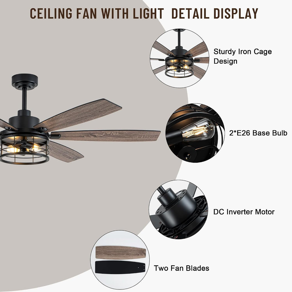 60' Large Ceiling Fans with Lights,Modern Farmhouse Caged Ceiling Fan with Light and Remote,6 Speeds,Reversible Motor,6 Double Finish Wood Blades,Black Rustic Ceiling Fan for Living Room Dining Room