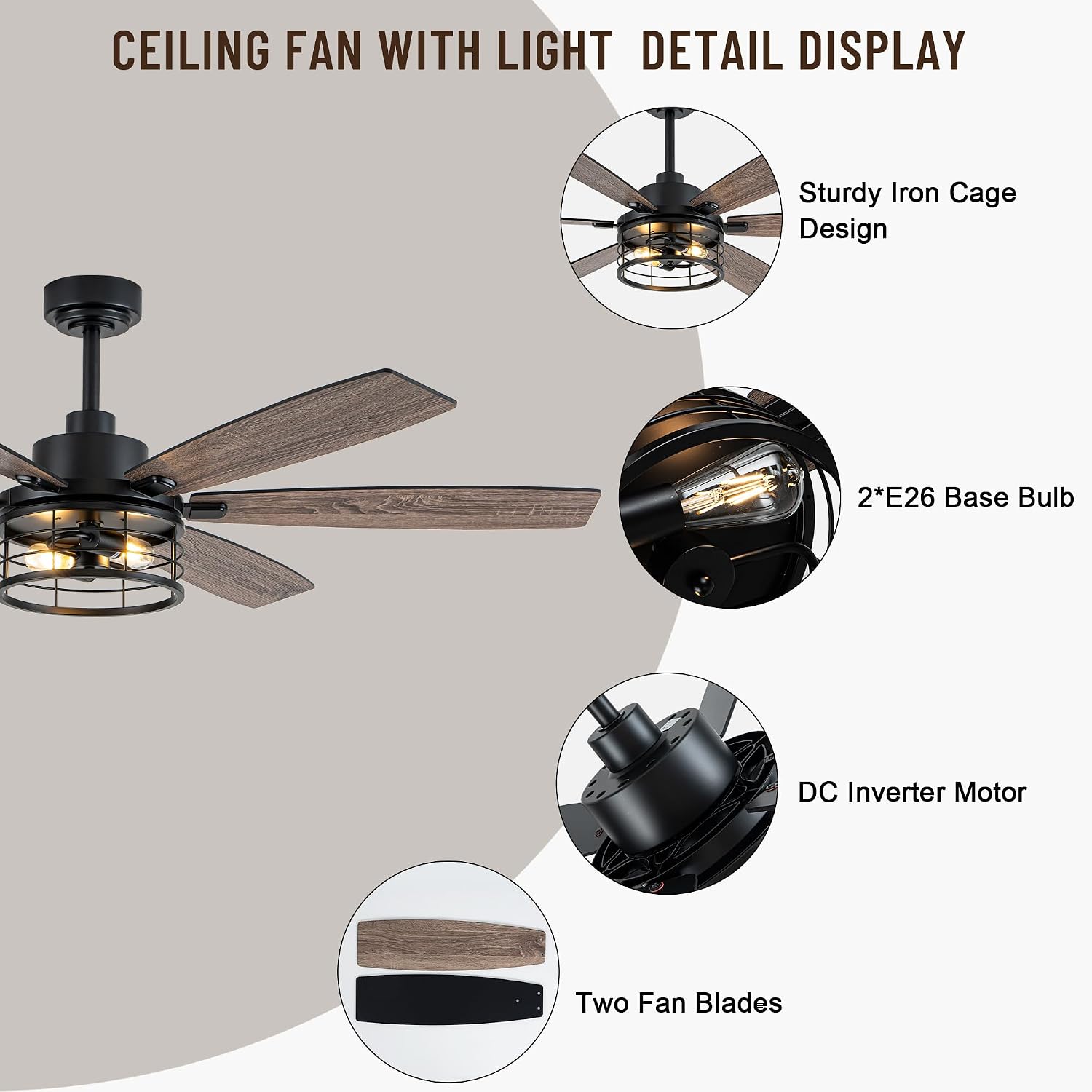 60' Large Ceiling Fans with Lights,Modern Farmhouse Caged Ceiling Fan with Light and Remote,6 Speeds,Reversible Motor,6 Double Finish Wood Blades,Black Rustic Ceiling Fan for Living Room Dining Room