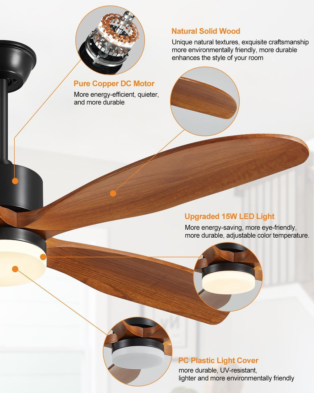 60 Inch Walnut Wood Ceiling Fan with Light and Remote, Original USA Patent Outdoor Ceiling Fan, 5 Wood Blades, 3 Downrods, Timer, 6 Speed ETL Certified DC Motor Ideal for Patio Porche Indoor Bedroom