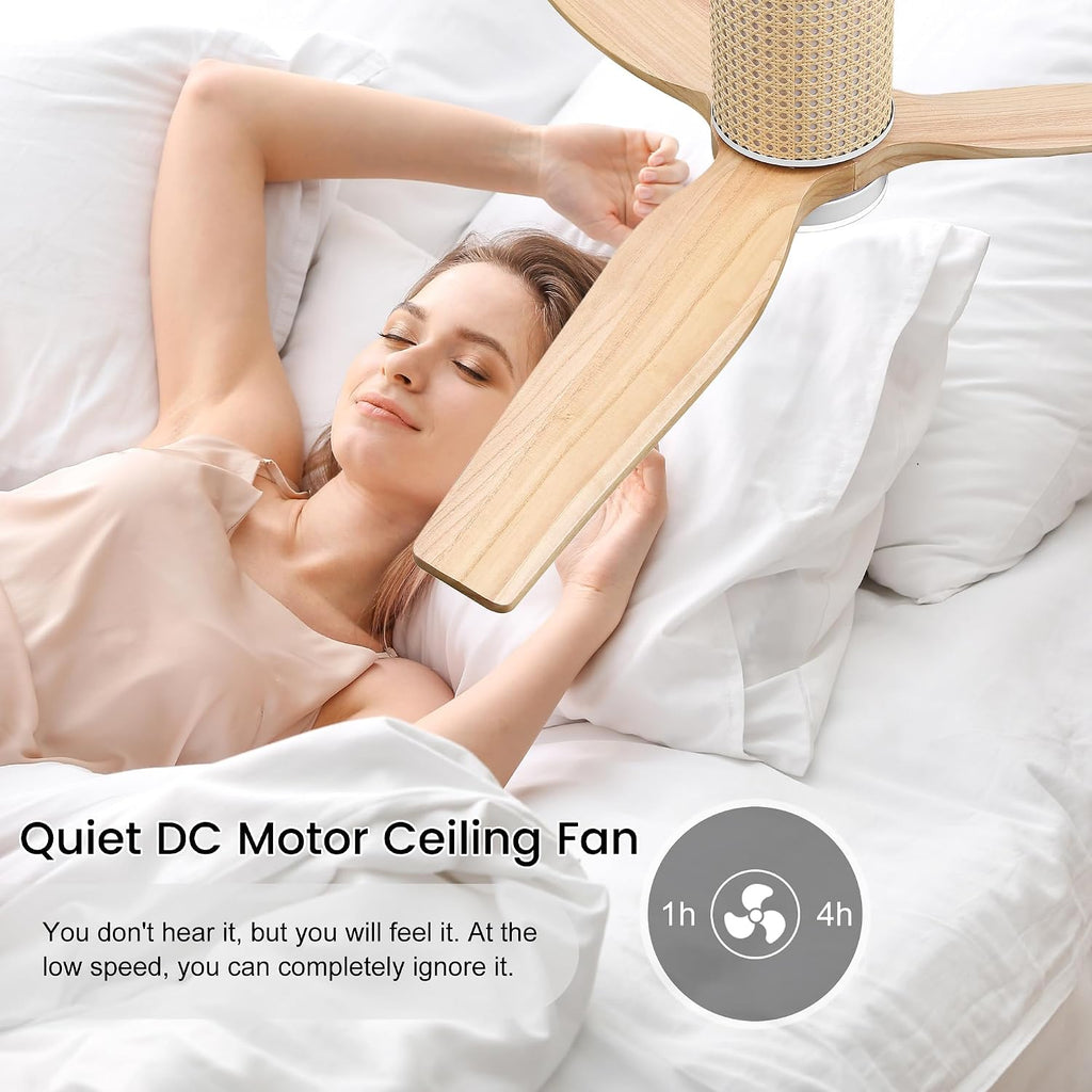 LEDLUX 52' Ceiling Fan with Light - Low Profile Flush Mount Ceiling Fan, 6-Speed Remote Control, Solid Wood, Quiet Reversible DC Motor, Wood/White Finish, for Bedroom, Living Room, Porch