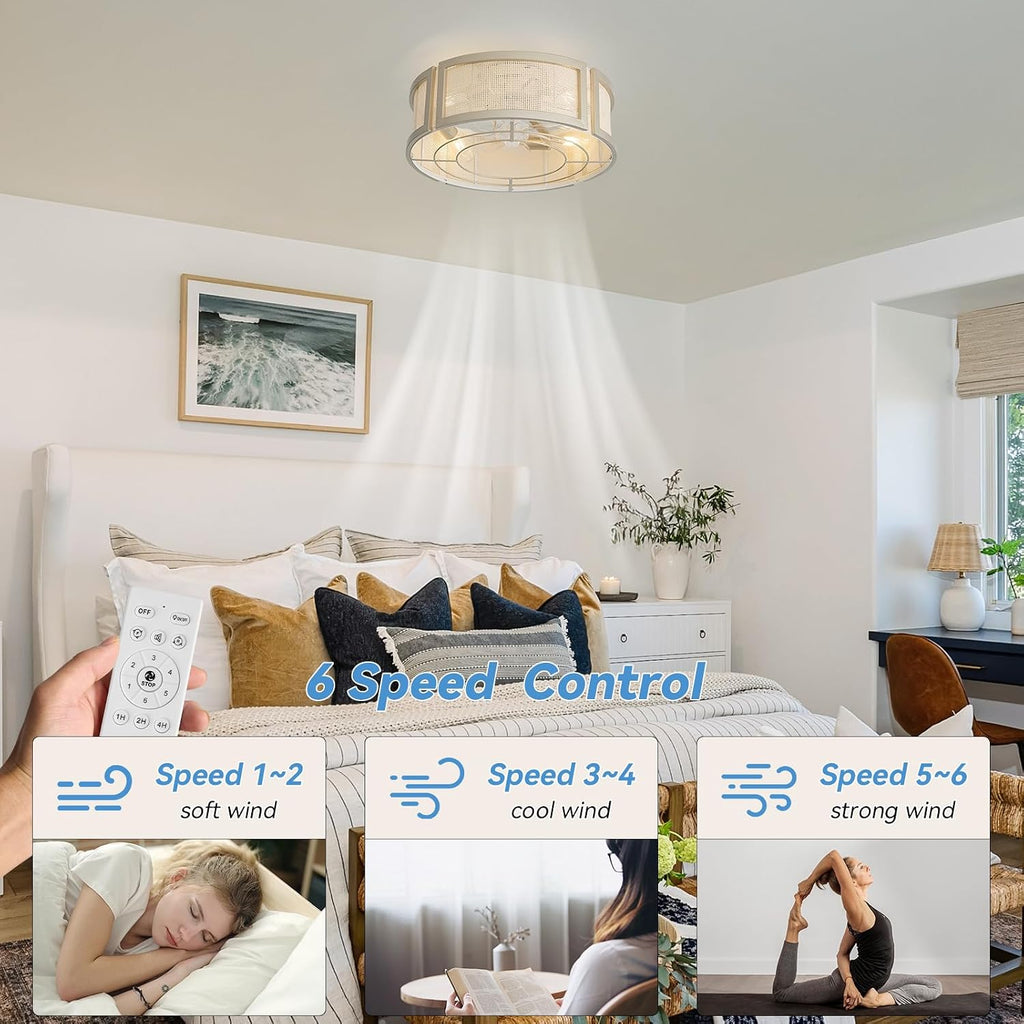 20' Boho Ceiling Fans with Lights, Rattan Flush Mount Ceiling Fan with Light Remote Control with Caged 6 Speeds for Bedroom, Nursery, Living Room (Gold)