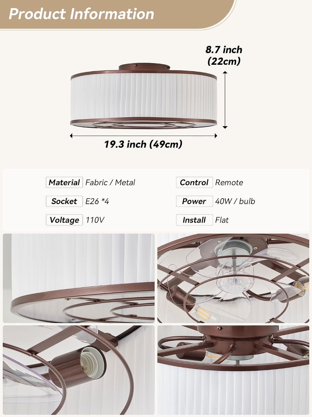 Boho Ceiling Fan with Light Flush Mount, 20' Brown Caged Ceiling Fan with Lights Remote Control, Bladeless Ceiling Fans 6 Speeds for Bedroom, Living Room, Nursery