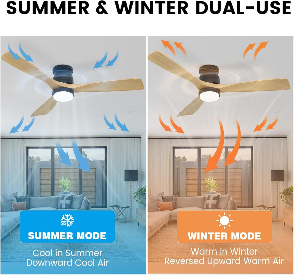Flush Mount Ceiling Fan with Light Remote, 52inch Natural Wood Ceiling Fans, 6 Speeds Reversible DC Motor 3CCT LED Lighting, Indoor Outdoor Fan Farmhouse Bedroom Living Room