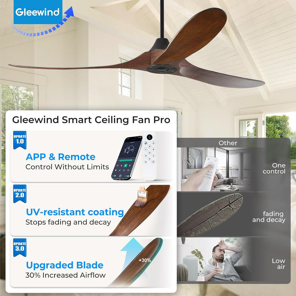 Outdoor Ceiling Fan No Light for Patios, 52 inch Ceiling Fans Without Lights with Smart App and Remote Control, Wet Rated 3 Blades Wood Propeller Modern Fan for Exterior Outside, High CFM, Walnut
