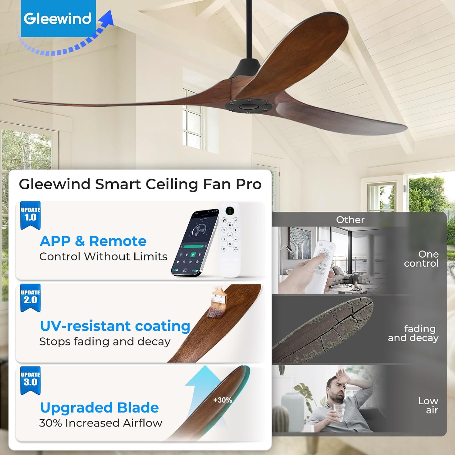 Outdoor Ceiling Fan No Light for Patios, 52 inch Ceiling Fans Without Lights with Smart App and Remote Control, Wet Rated 3 Blades Wood Propeller Modern Fan for Exterior Outside, High CFM, Walnut