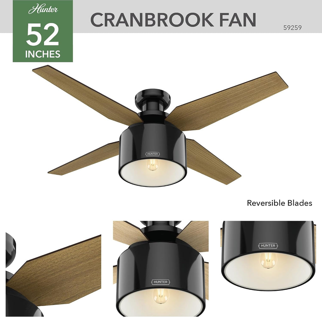 Hunter 52 inch Indoor Ceiling Fan with LED Light and Remote Control - Black Modern Ceiling Fan, Low Profile Mount, 4 Blades, For Bedroom, Living Room, or Kitchen, Quiet - Cranbrook 59259, Gloss Black
