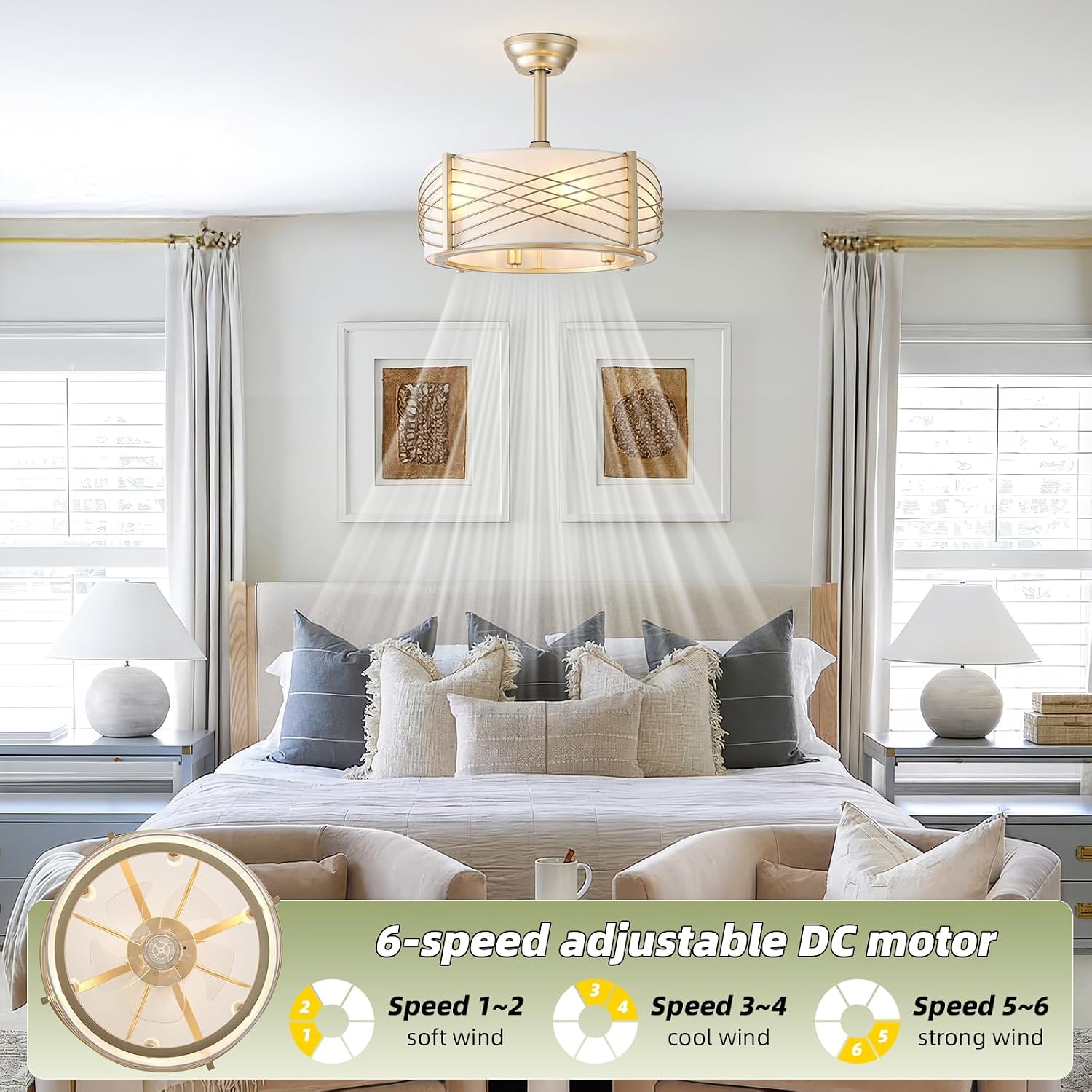 20' Fandelier Ceiling Fans with Lights, Gold Caged Boho Ceiling Fan with Light Remote Control, Mid-Century Modern with 6 Speeds for Bedroom, Nursery, Living Room