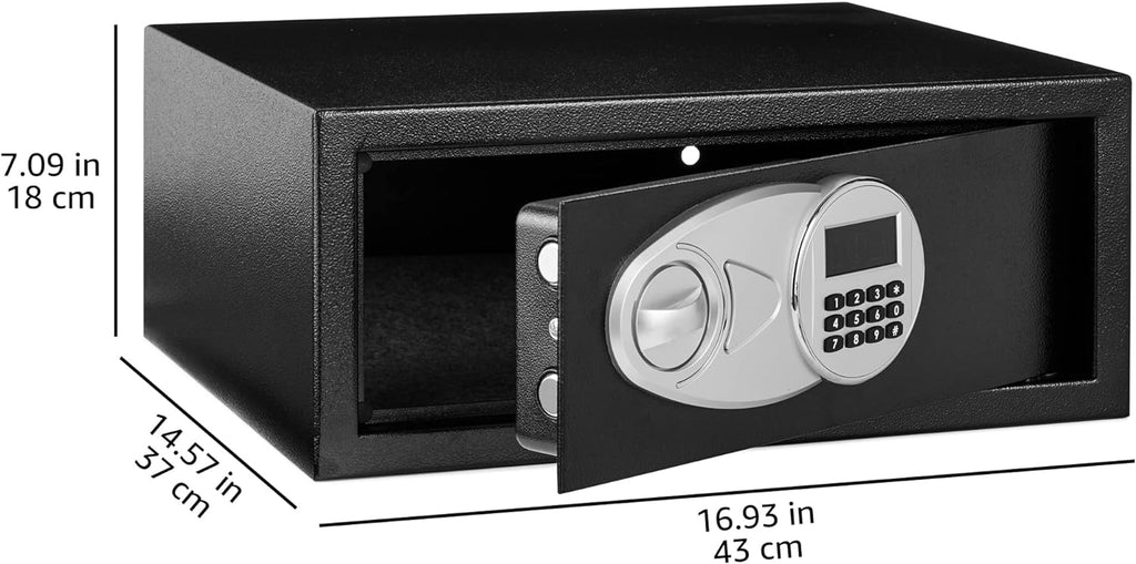 Amazon Basics Steel Security Safe and Lock Box with Digital Keypad, Electronic Lock, Emergency Key Open, Secure Cash, Jewelry, Documents, Black, 0.7 Cubic Feet, 16.9-x-14.6-x-7.1-inches (WxDxH)