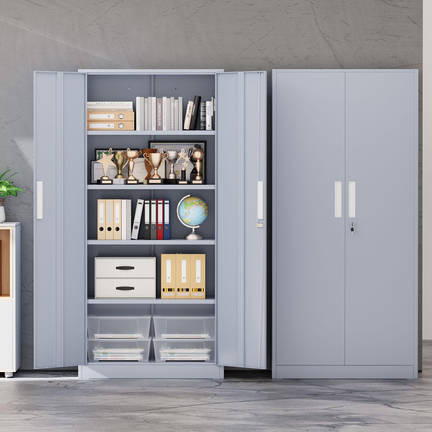 INTERGREAT Garage Storage Cabinet with Lock, 72' Metal Storage Cabinet with Locking Doors and 4 Adjustable Shelves, Lockable Tool Steel Cabinet for Home Office, School, Cement Grey