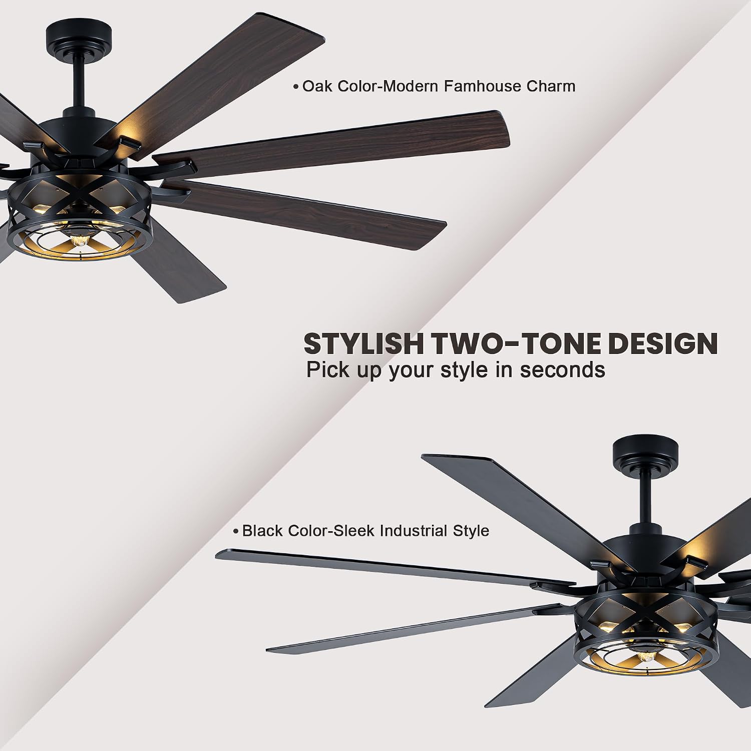 Dawn Whisper Black Ceiling Fans with Lights 72 Inch Farmhouse Ceiling Fan with Remote Quiet Reversible DC Motor 6 Speeds 8 Blades Large Industrial Chandelier Fan for Living Room Bedroom
