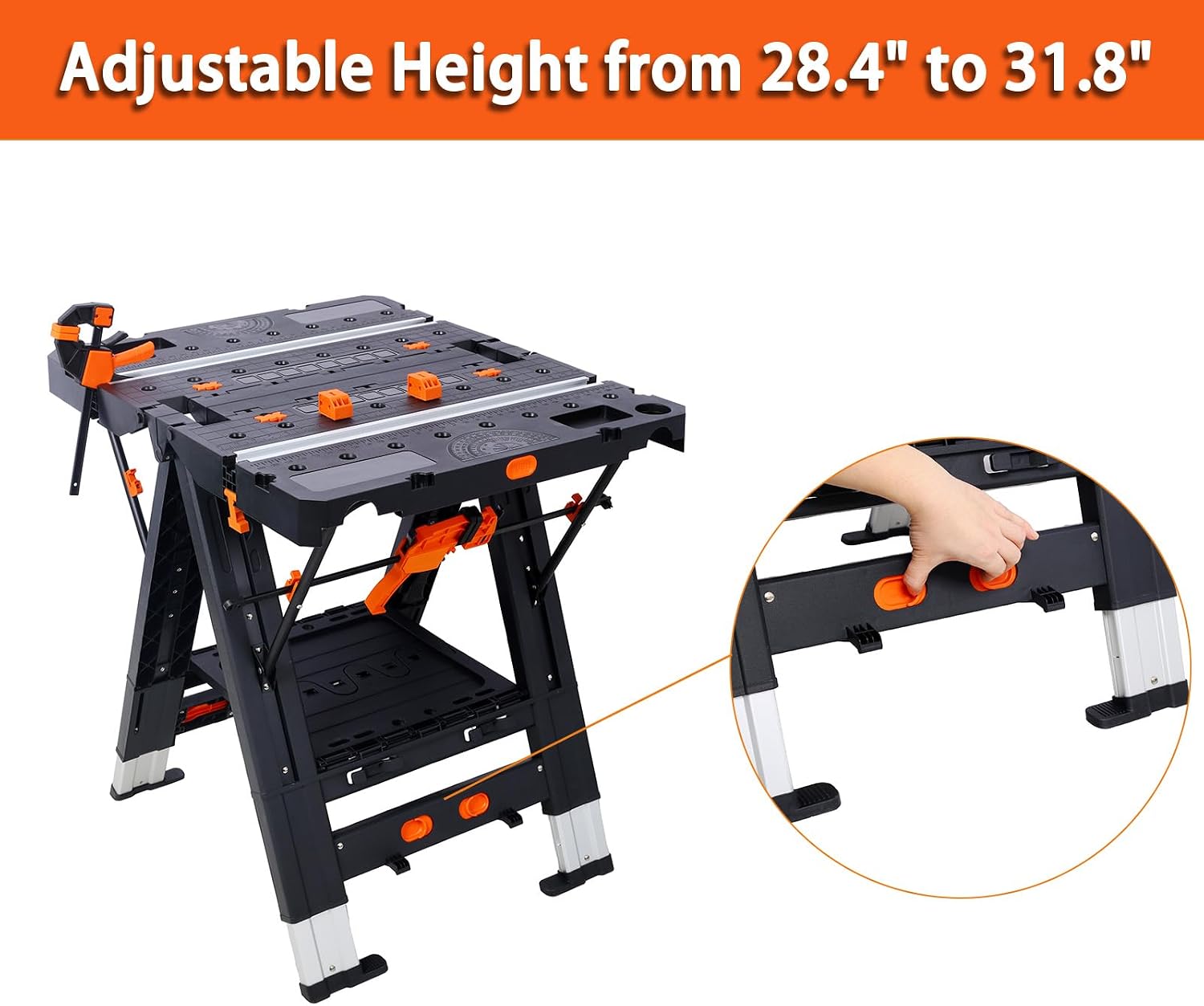2-in-1 Folding Work Table & Sawhorse, Portable Workbench for Garage with Adjustable Height, Heavy-Duty Load Capacity (500 lbs Table/1000 lbs Sawhorse), Includes 2 Clamps, Gifts for Woodworking
