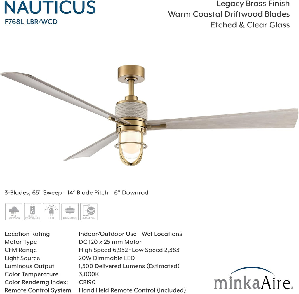 MINKA-AIRE F768L-LBR/WCD Nauticus 65' 3-Blade LED Smart Indoor/Outdoor Ceiling Fan in Legacy Brass and Warm Coastal Driftwood Finish Blades with Clear Glass