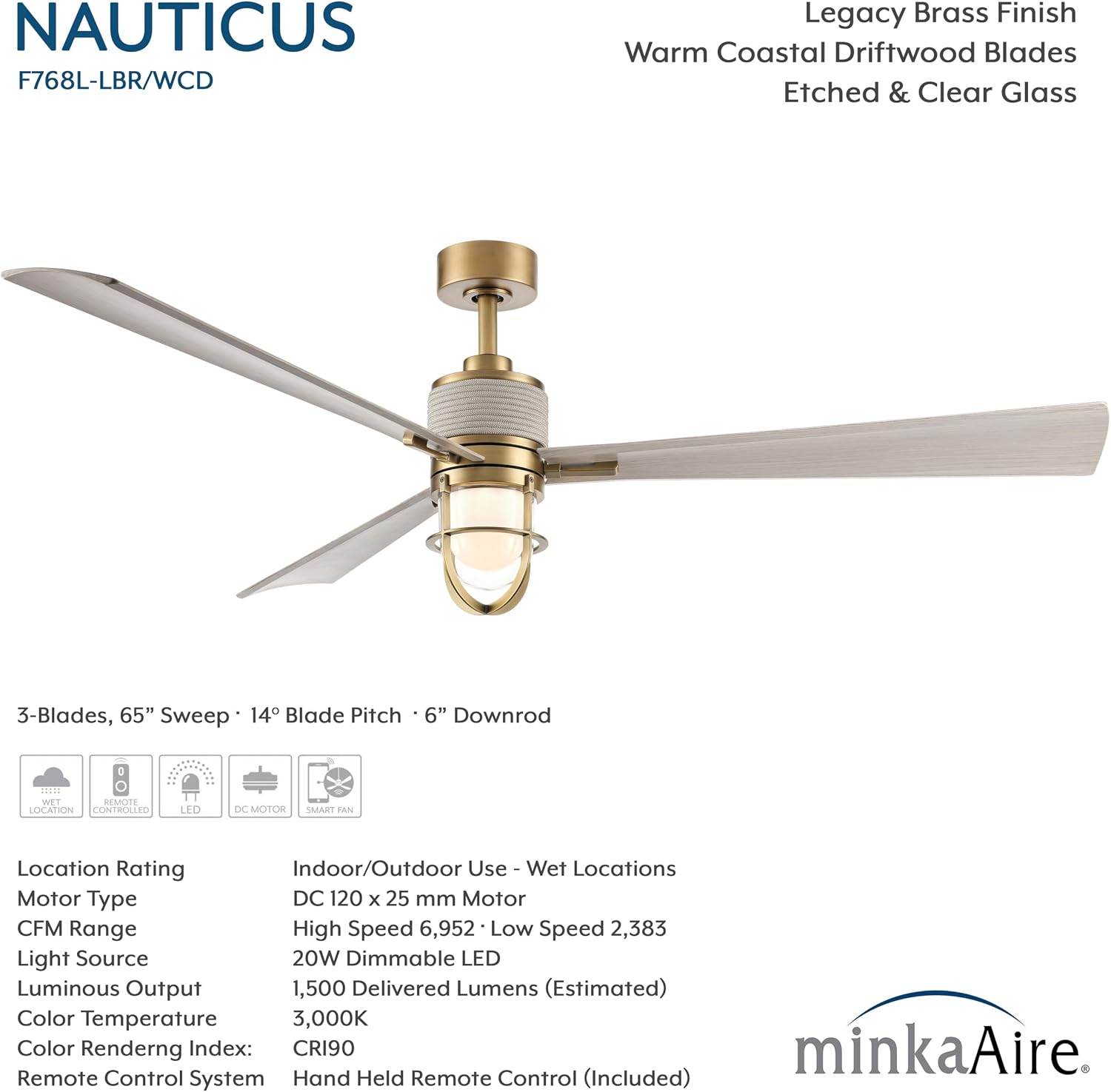 MINKA-AIRE F768L-LBR/WCD Nauticus 65' 3-Blade LED Smart Indoor/Outdoor Ceiling Fan in Legacy Brass and Warm Coastal Driftwood Finish Blades with Clear Glass